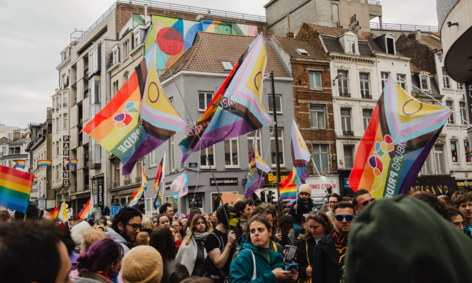 Pride Brussel 2026: D foto toont een grote groep mensen op Pride Brussel met, onder andere, regenboog en transvlaggen.